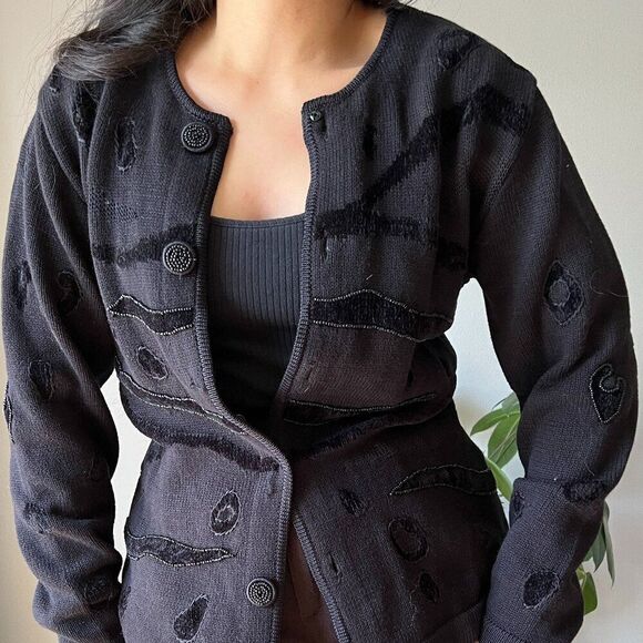 vtg black beaded long sleeve cardigan sweater designer Jack B quick Medium - Picture 5 of 8